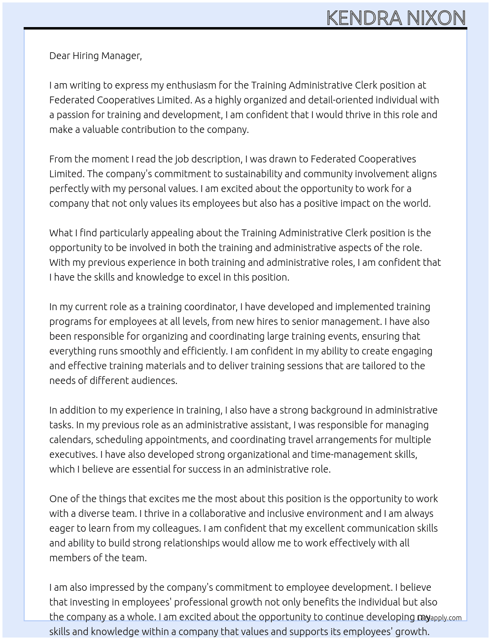 Training Administrative clerk At Federated Cooperatives Limited  Cover Letter