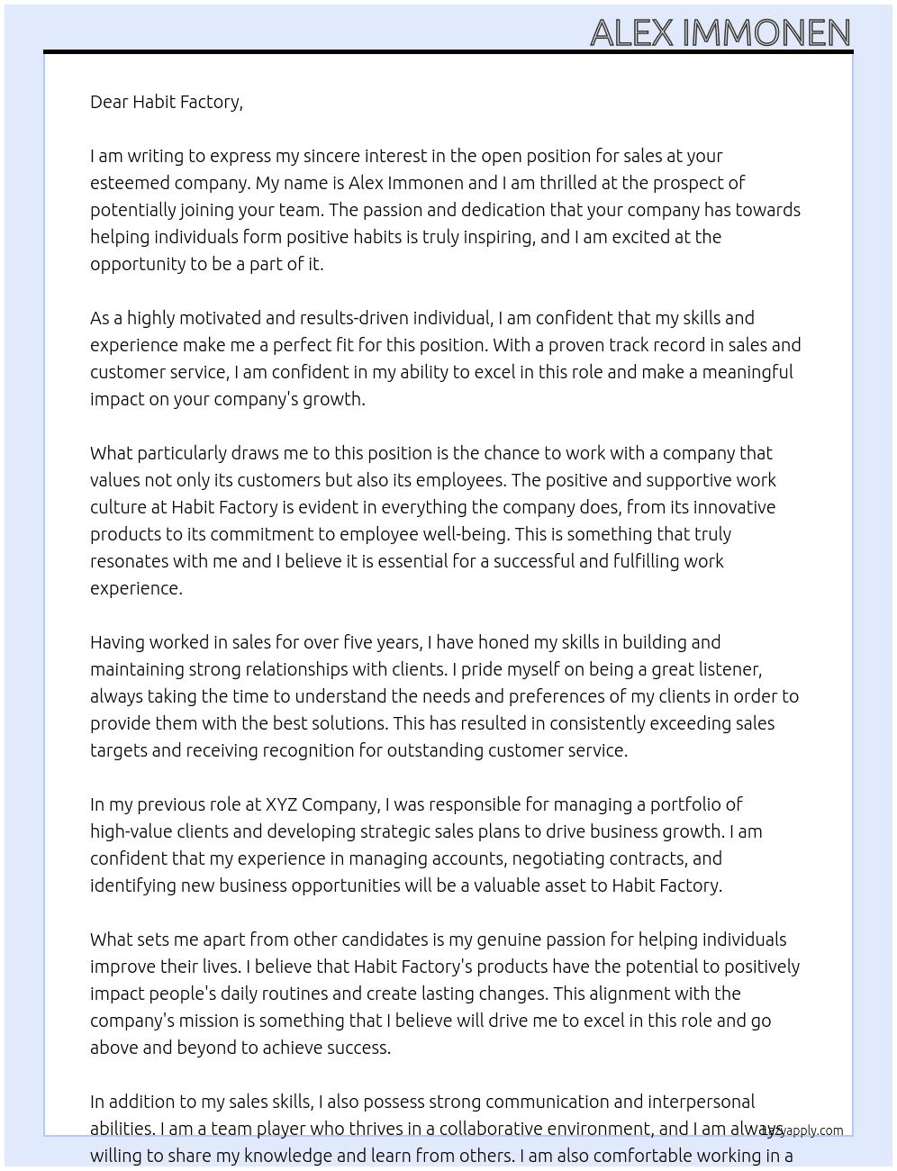 Open position sales At Habit Factory Cover Letter