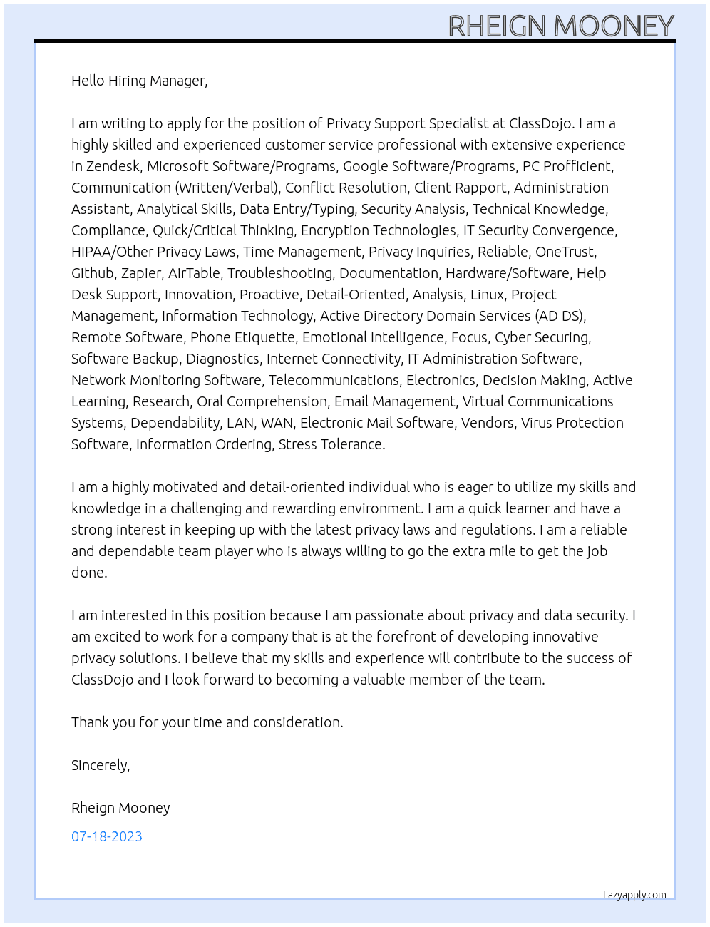 Privacy Support Specialist At ClassDojo Cover Letter