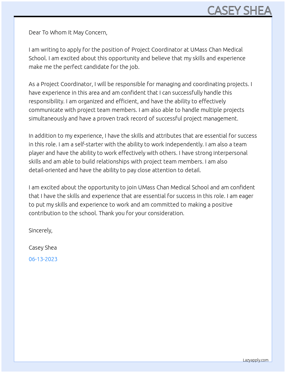 Project Coordinator  At UMass Chan Medical School  Cover Letter