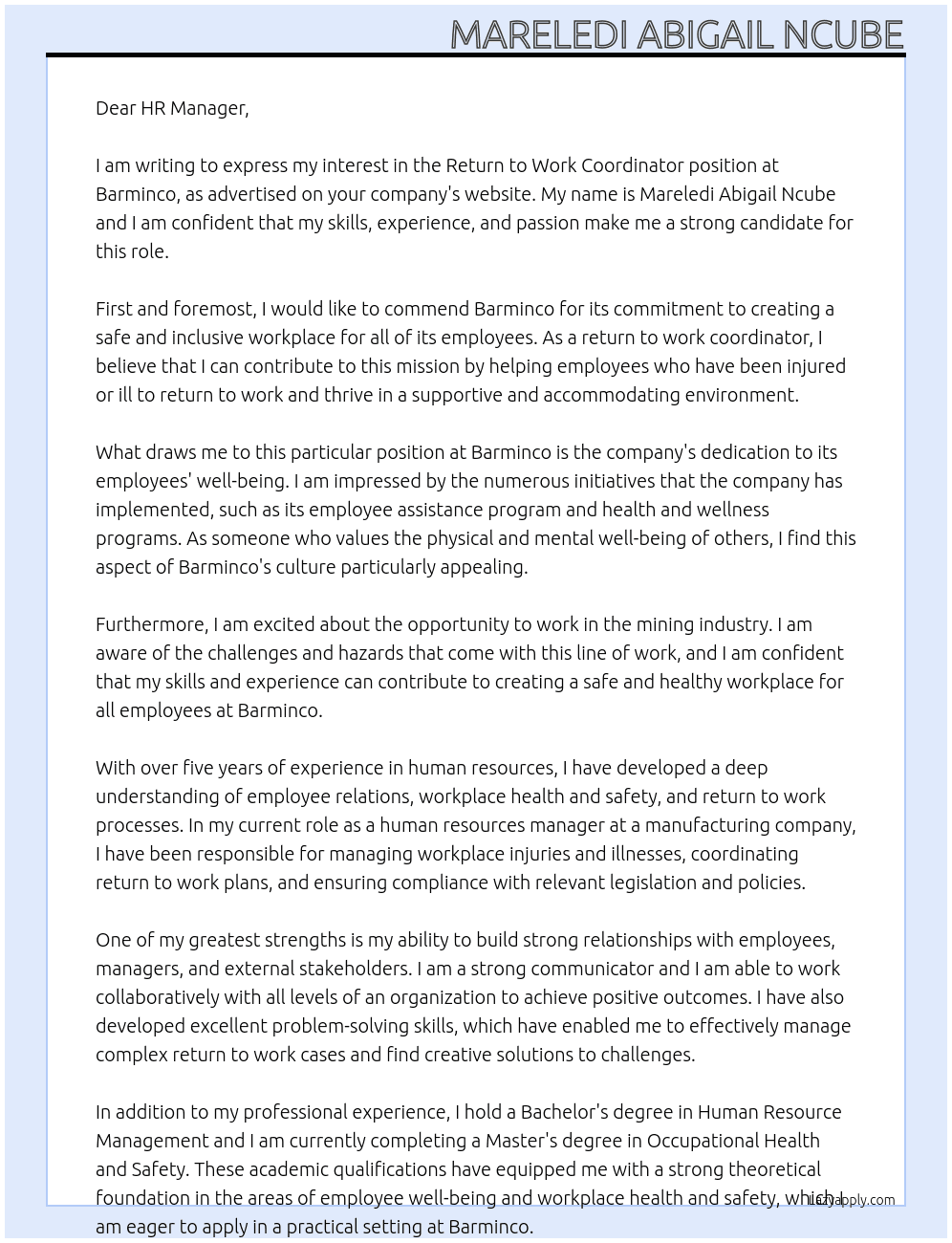 return to work coodinator At Barminco Cover Letter
