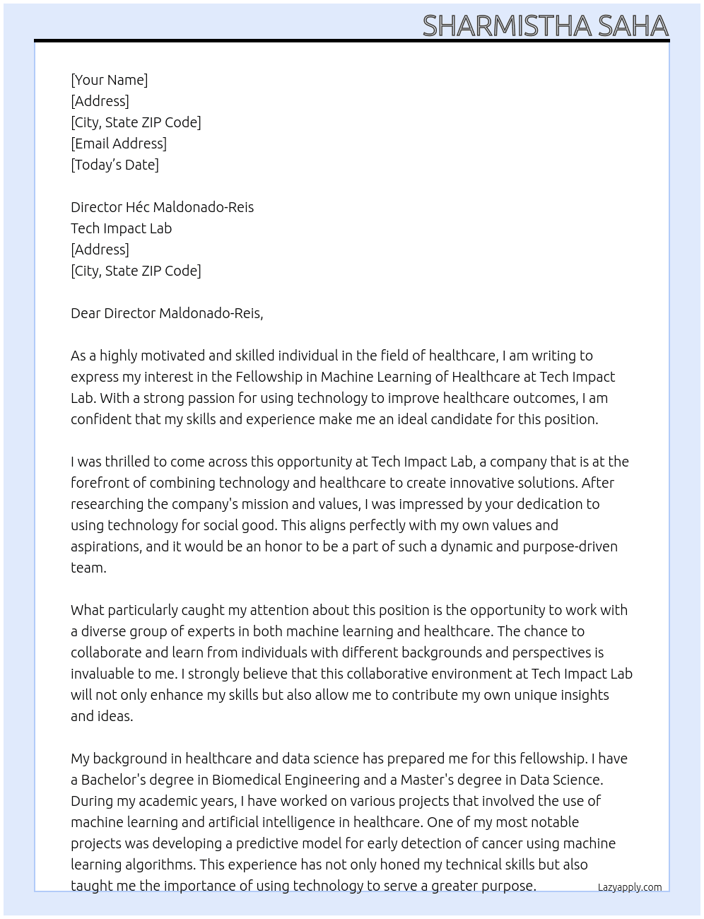 Fellowship in ML of healthcare At Tech Impact Lab Cover Letter