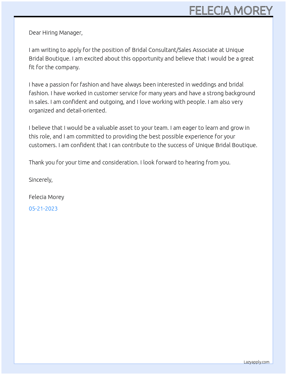 Bridal Consultant/Sales Associate At Unique Bridal Boutique Cover Letter