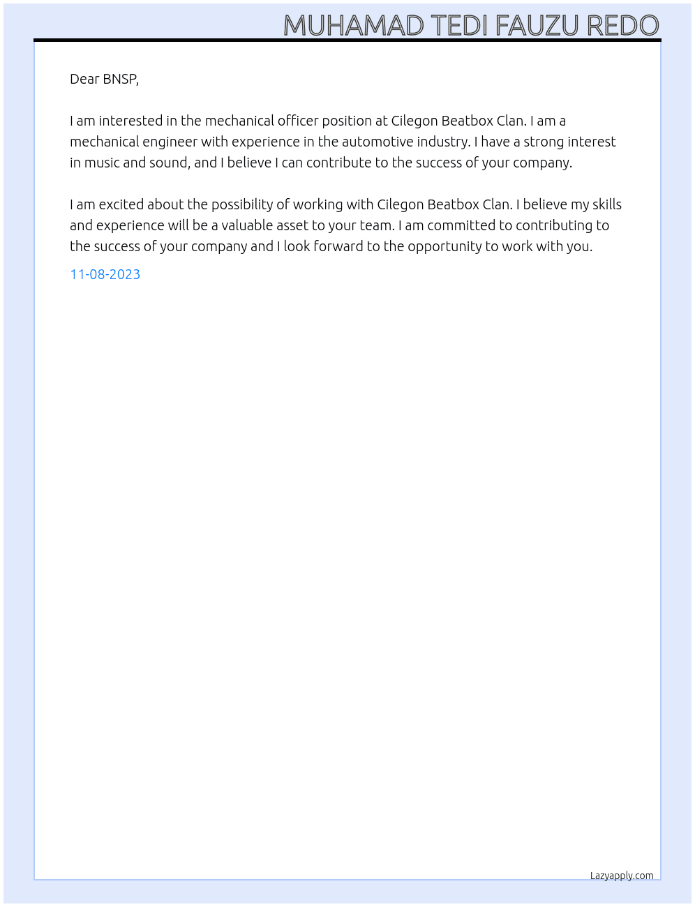 mechanical officer At Cilegon Beatbox Clan Cover Letter