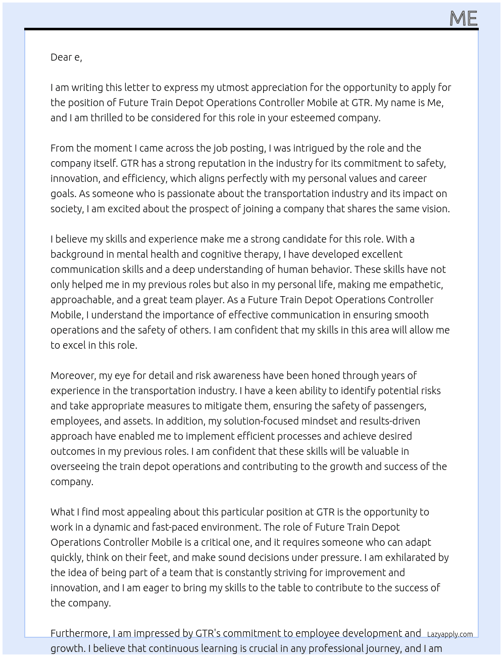 Future Train Depot Operations Controller Mobile At GTR Cover Letter