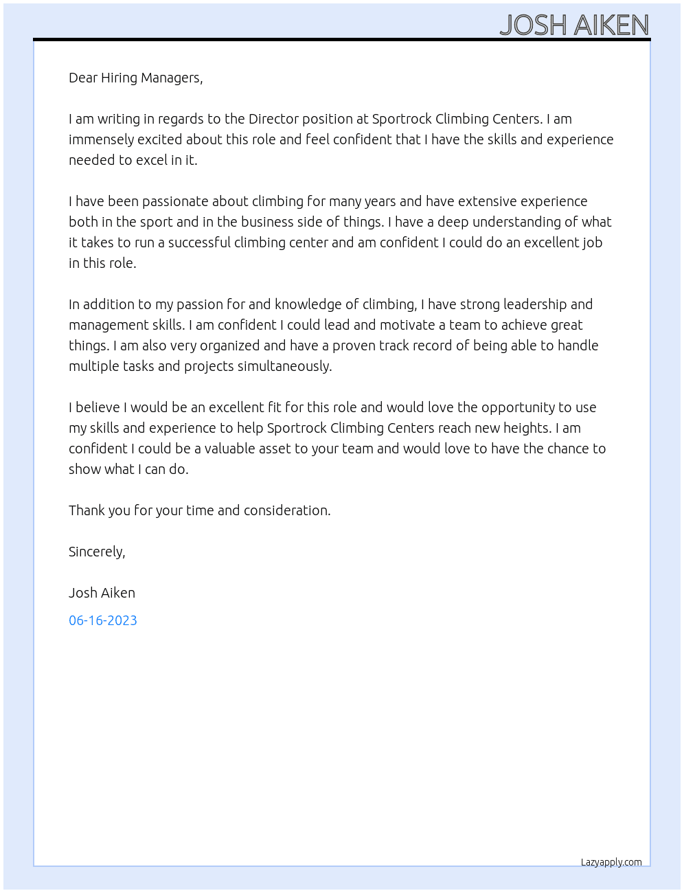 Director At Sportrock Climbing Centers Cover Letter