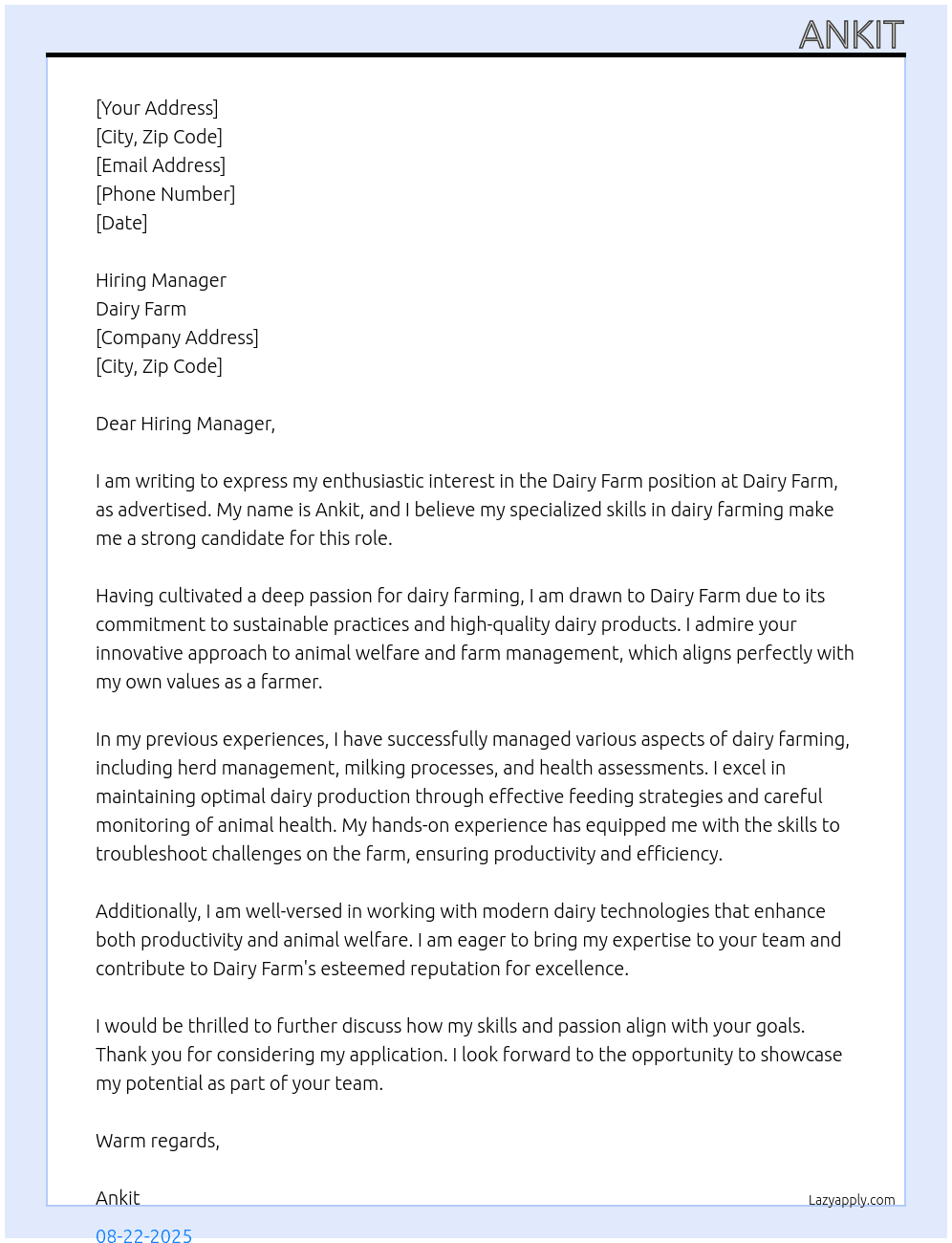 Dairy farm  At Dairy form  Cover Letter
