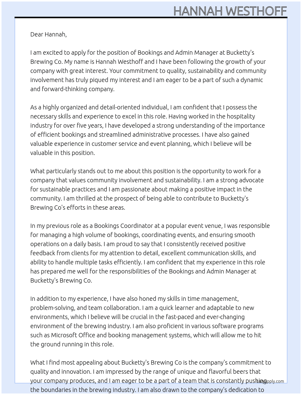 Bookings and Admin Manager At Bucketty's Brewing Co Cover Letter