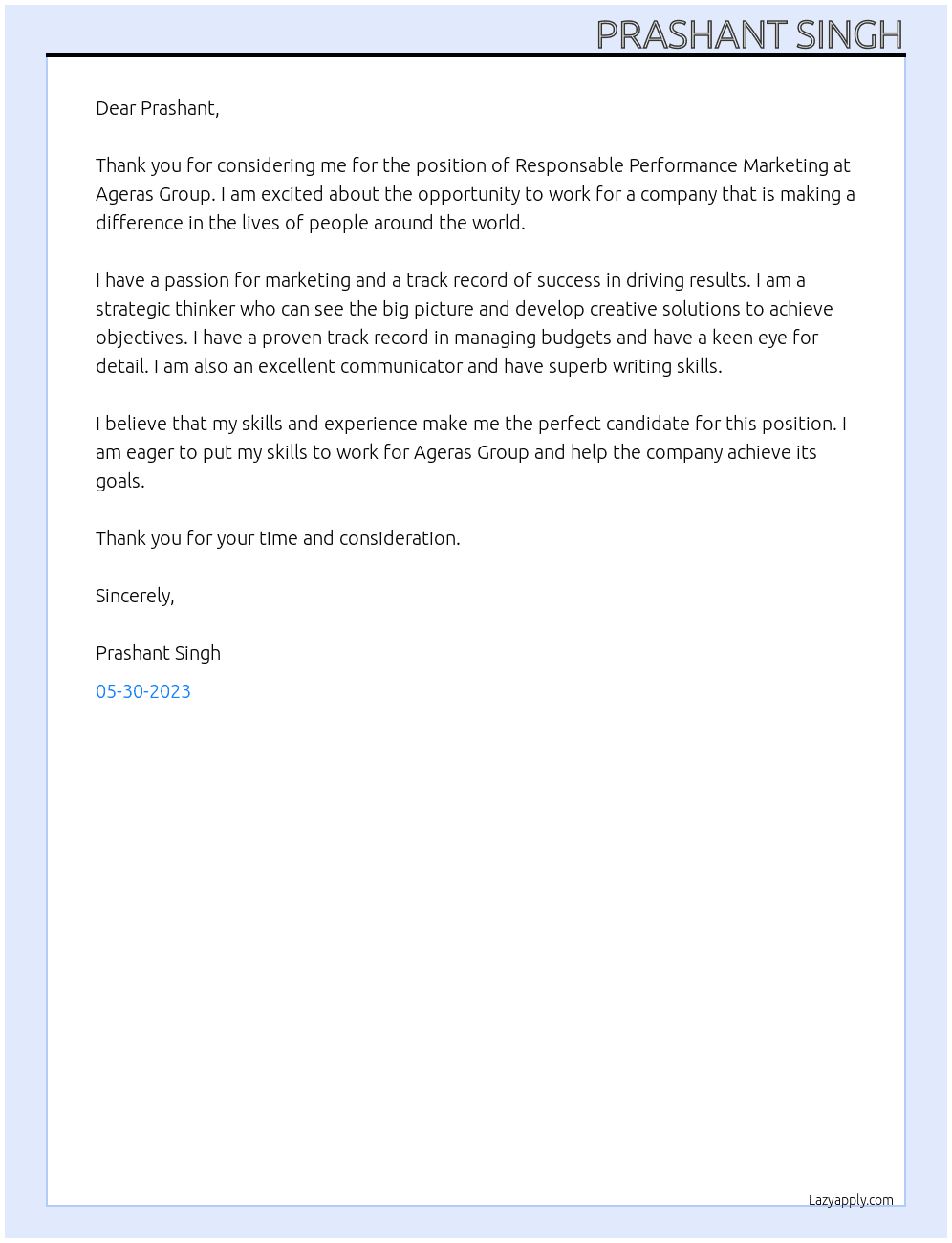 Responsable Performance Marketing  At ageras group Cover Letter