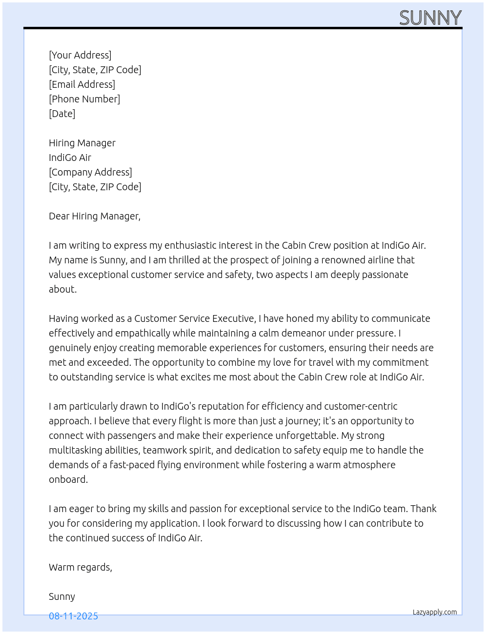 CABIN CREW At INDIGO AIR Cover Letter