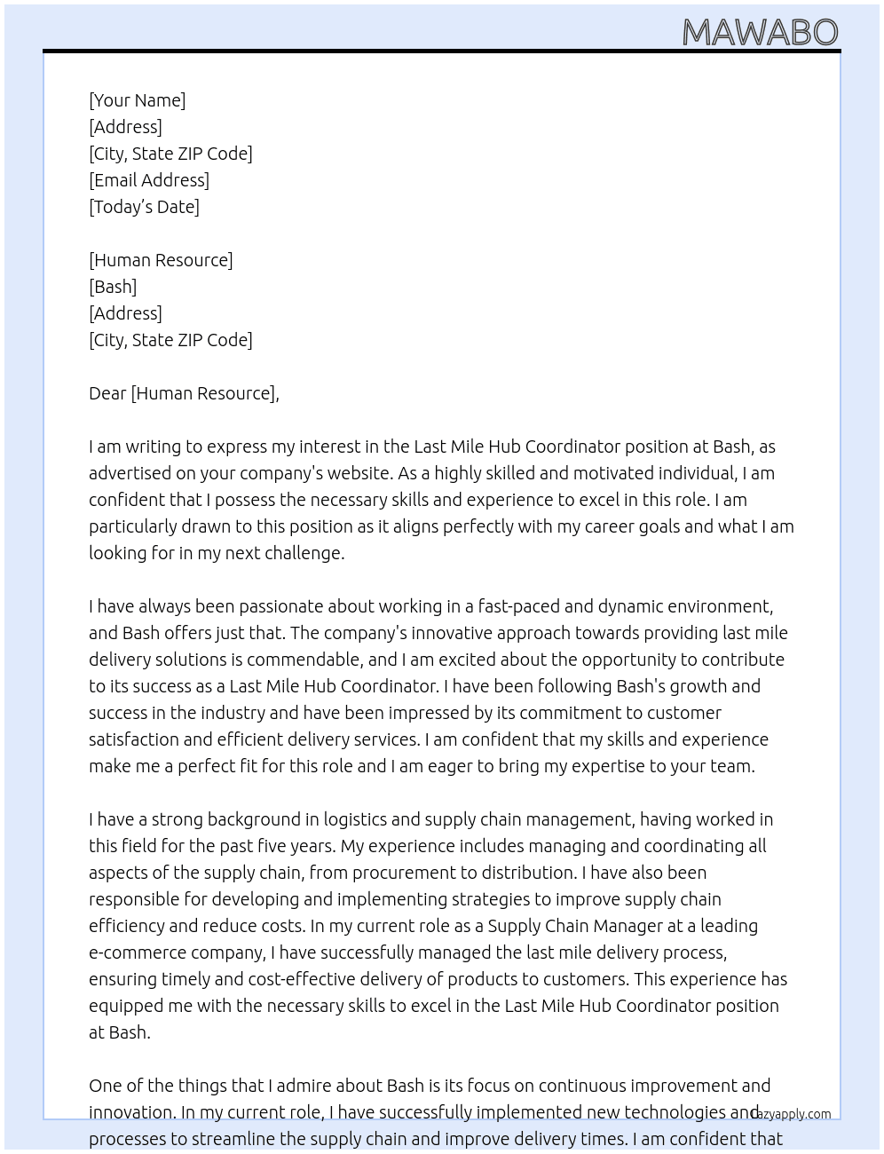Last mile hub cordinator At bash Cover Letter