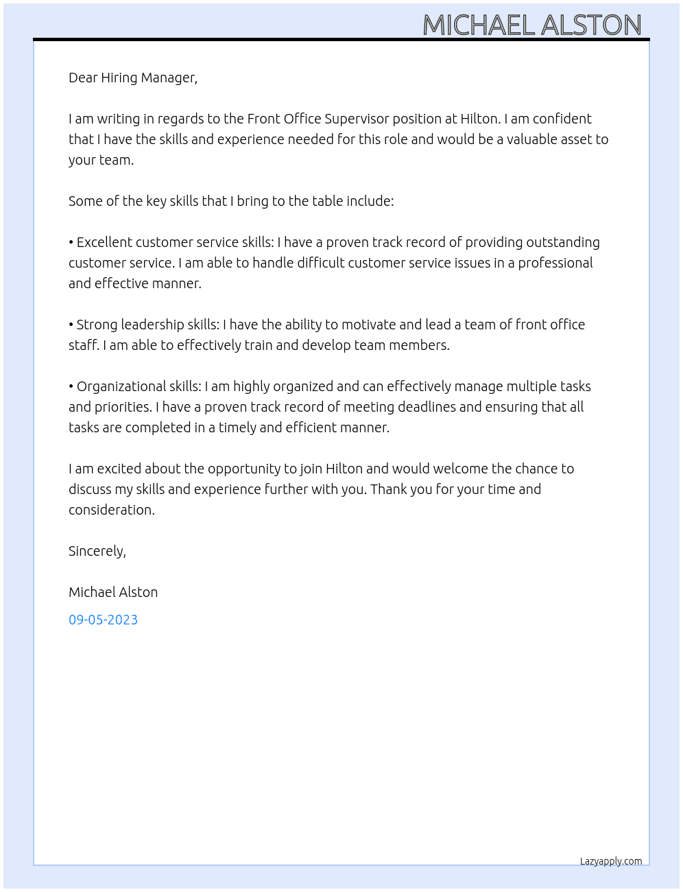 Front Office Supervisor  At Hilton Cover Letter
