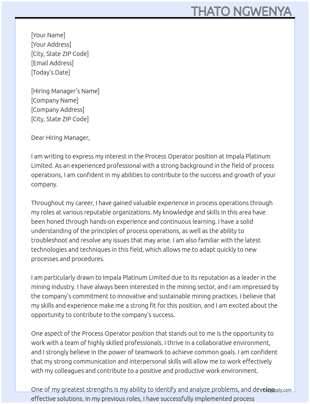 Process operator At Impala Platinum Limited  Cover Letter