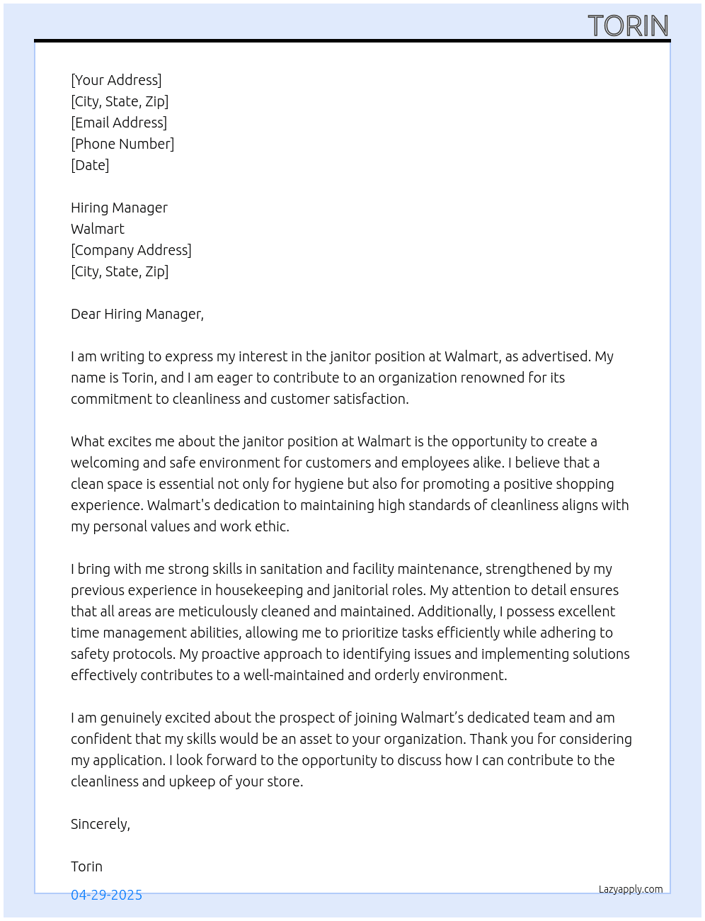 janitor At walmart Cover Letter
