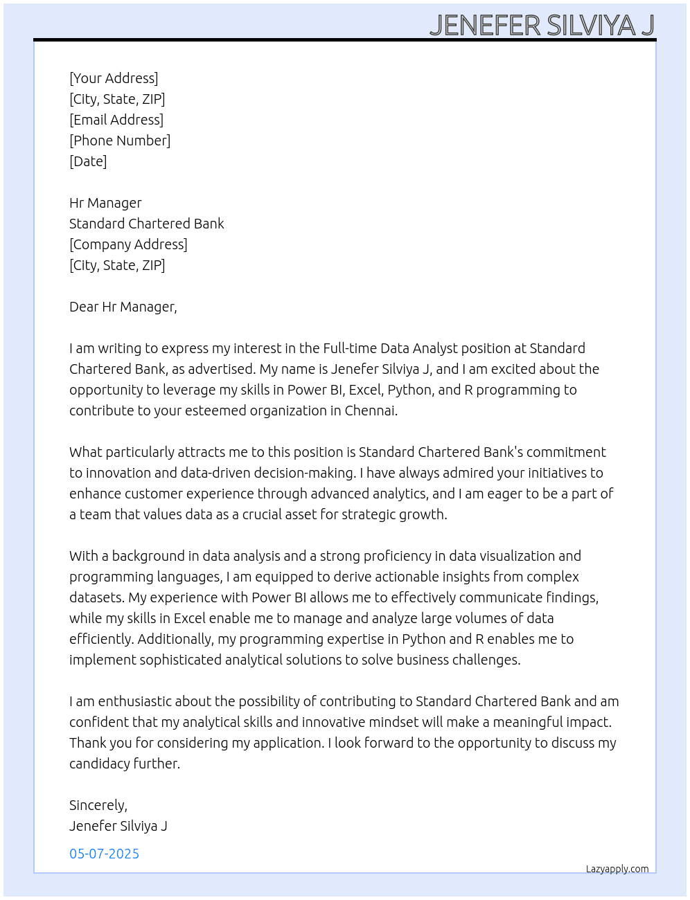 Data Analyst At Standard Chartered Bank Cover Letter