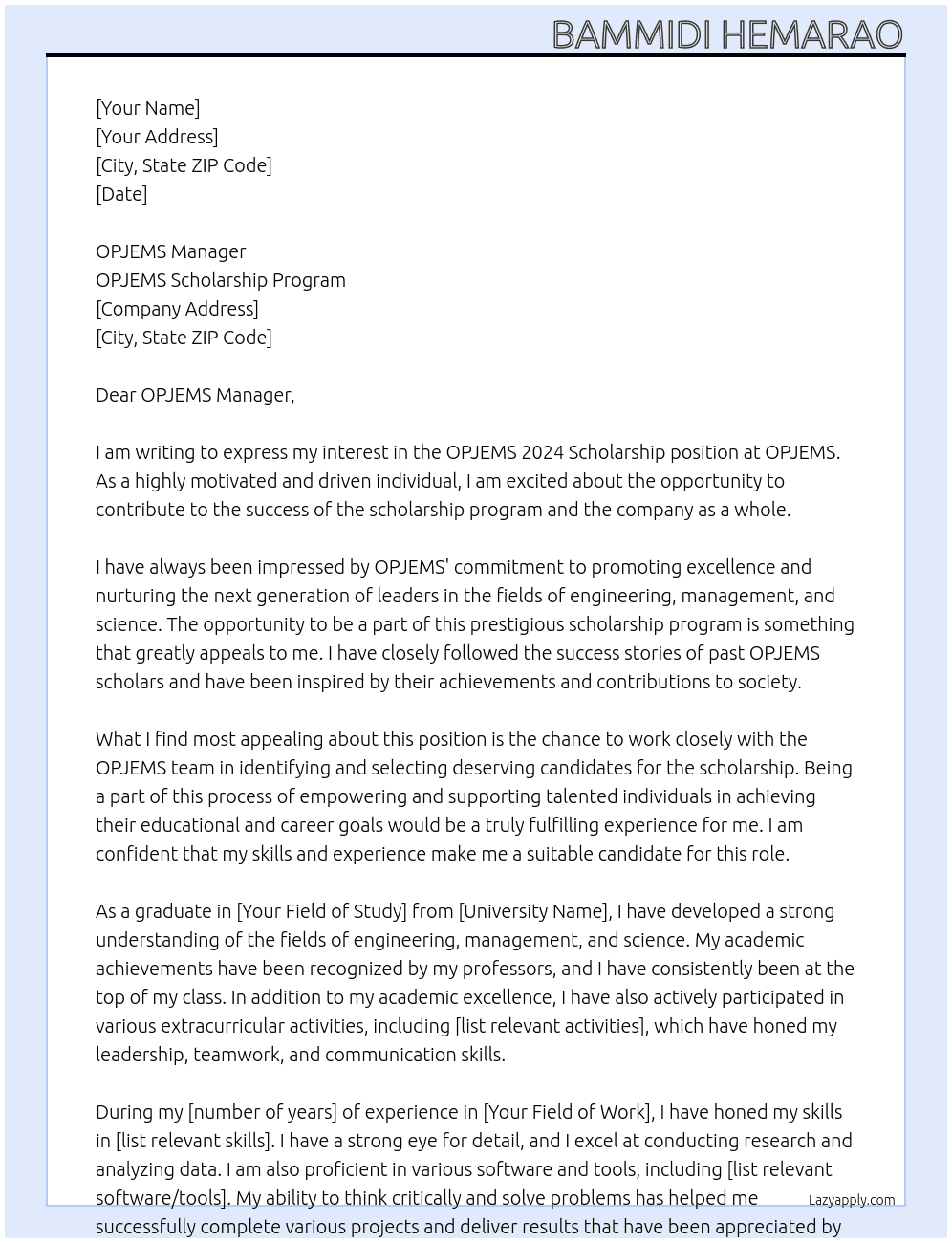OPJEMS 2024 SCHOLARSHIP At OPJEMS Cover Letter