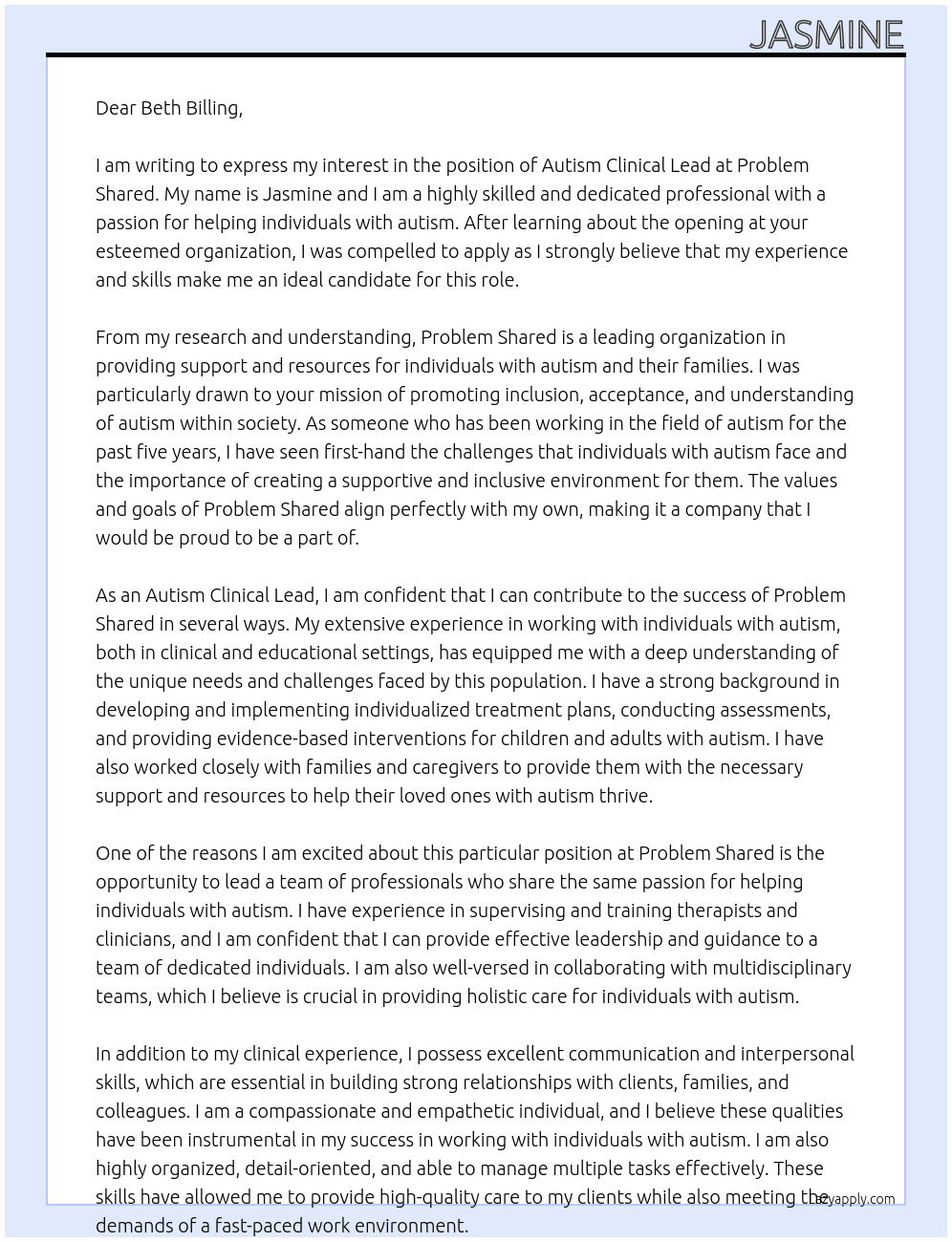 Autism Clinical Lead At Problem Shared Cover Letter