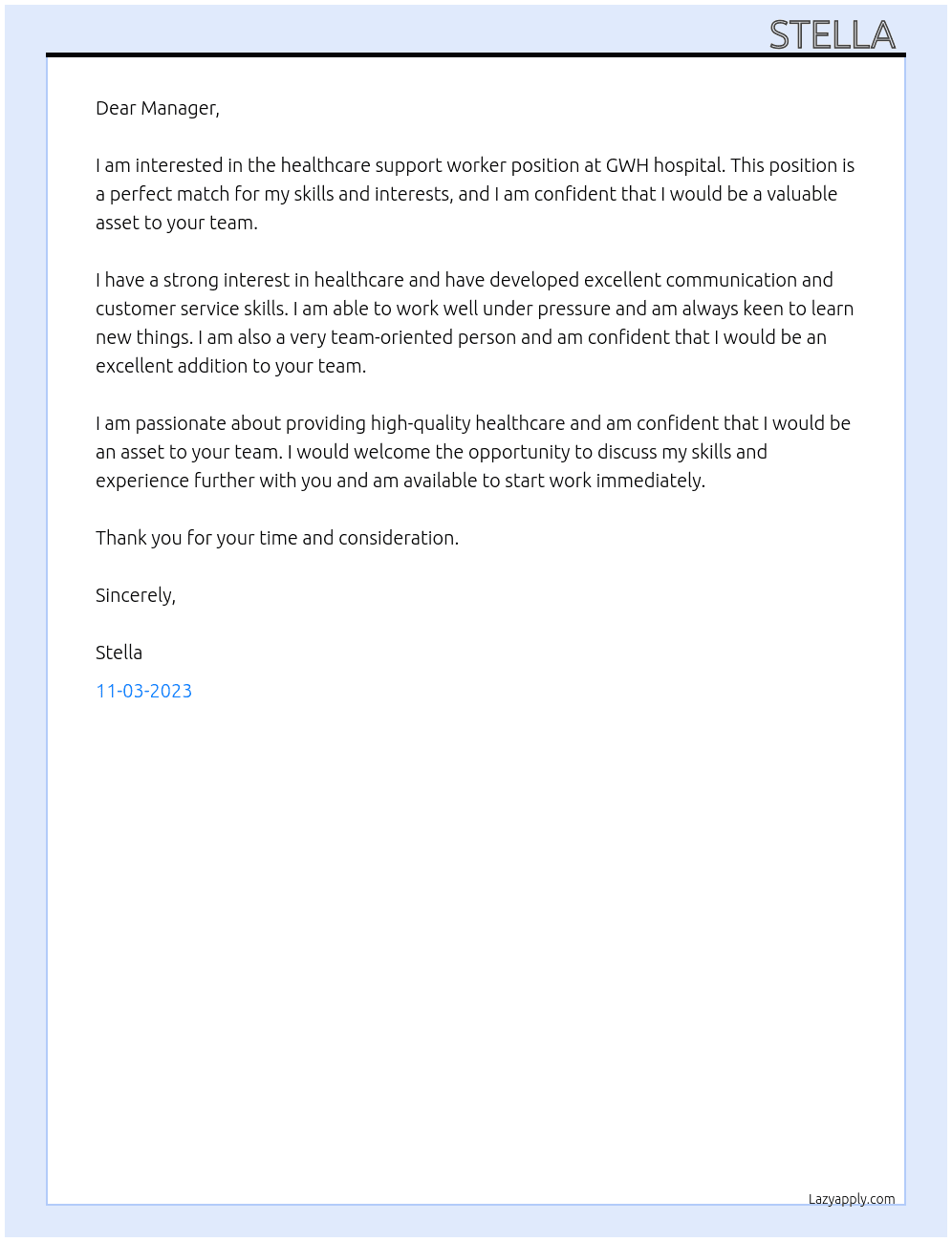 Healthcare support worker At GWH hospital Cover Letter
