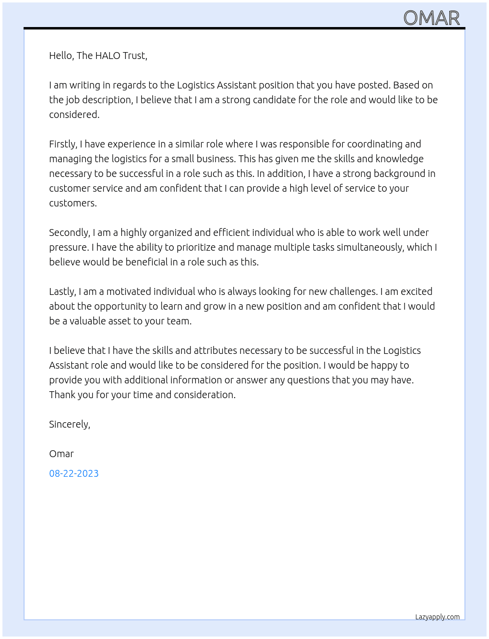 Logistics Assistant At The HALO Trust Cover Letter