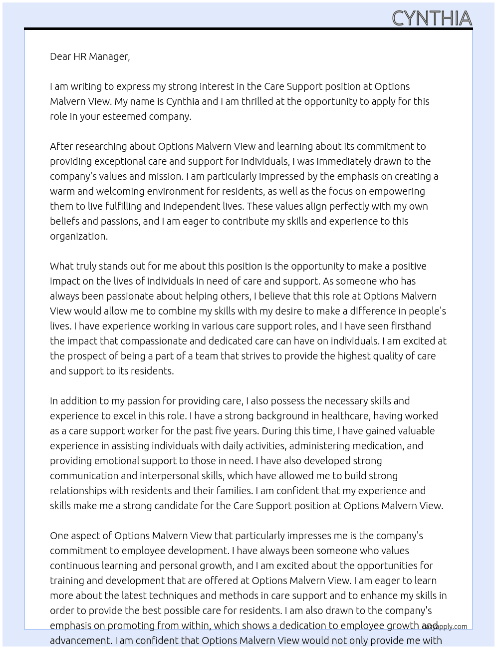 care support At Options Malvern view Cover Letter
