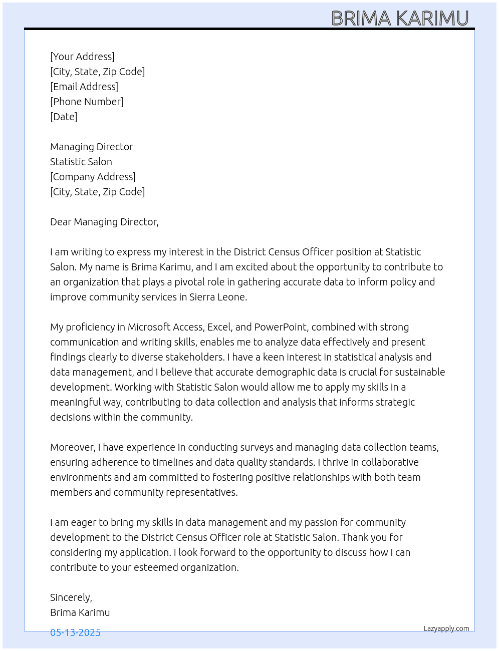 District census offer  At Statistic salon Cover Letter