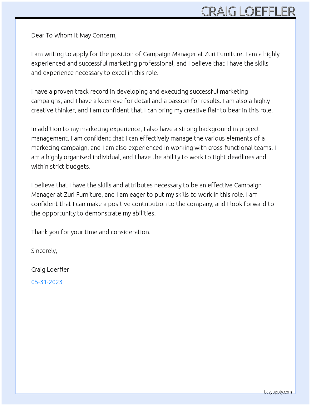 Campaign Manager At Zuri Furniture Cover Letter