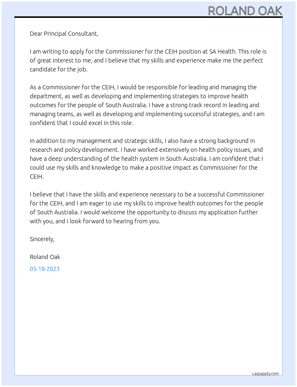 Commissioner for the CEIH At SA Health  Cover Letter