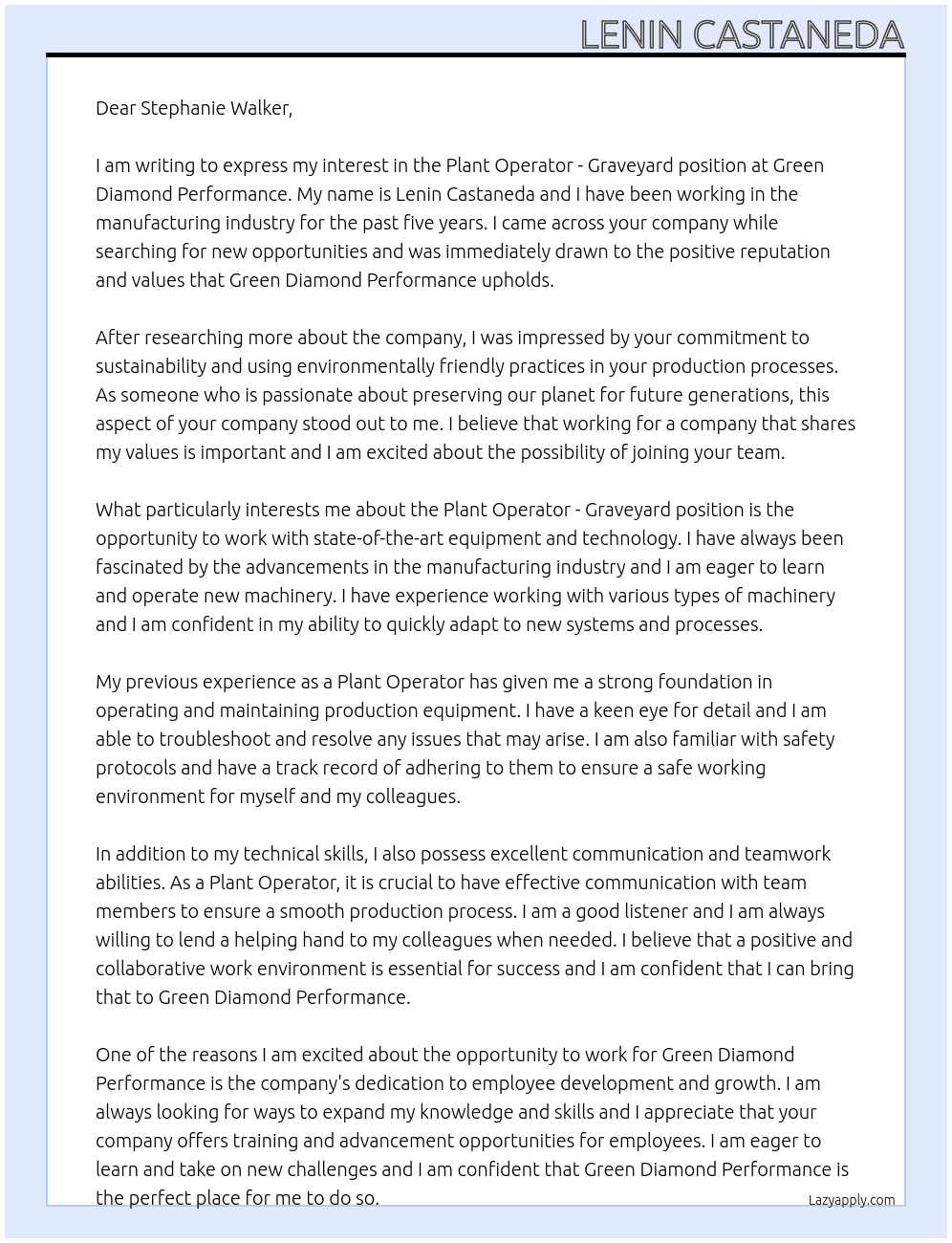 Plant Operator - Graveyard At Green Diamond Performance  Cover Letter