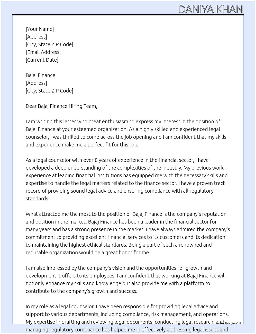 Bajaj finance  At Legal counselor  Cover Letter