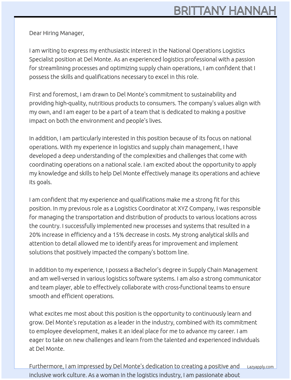 National Operations Logistics Specialist  At Del Monte Cover Letter
