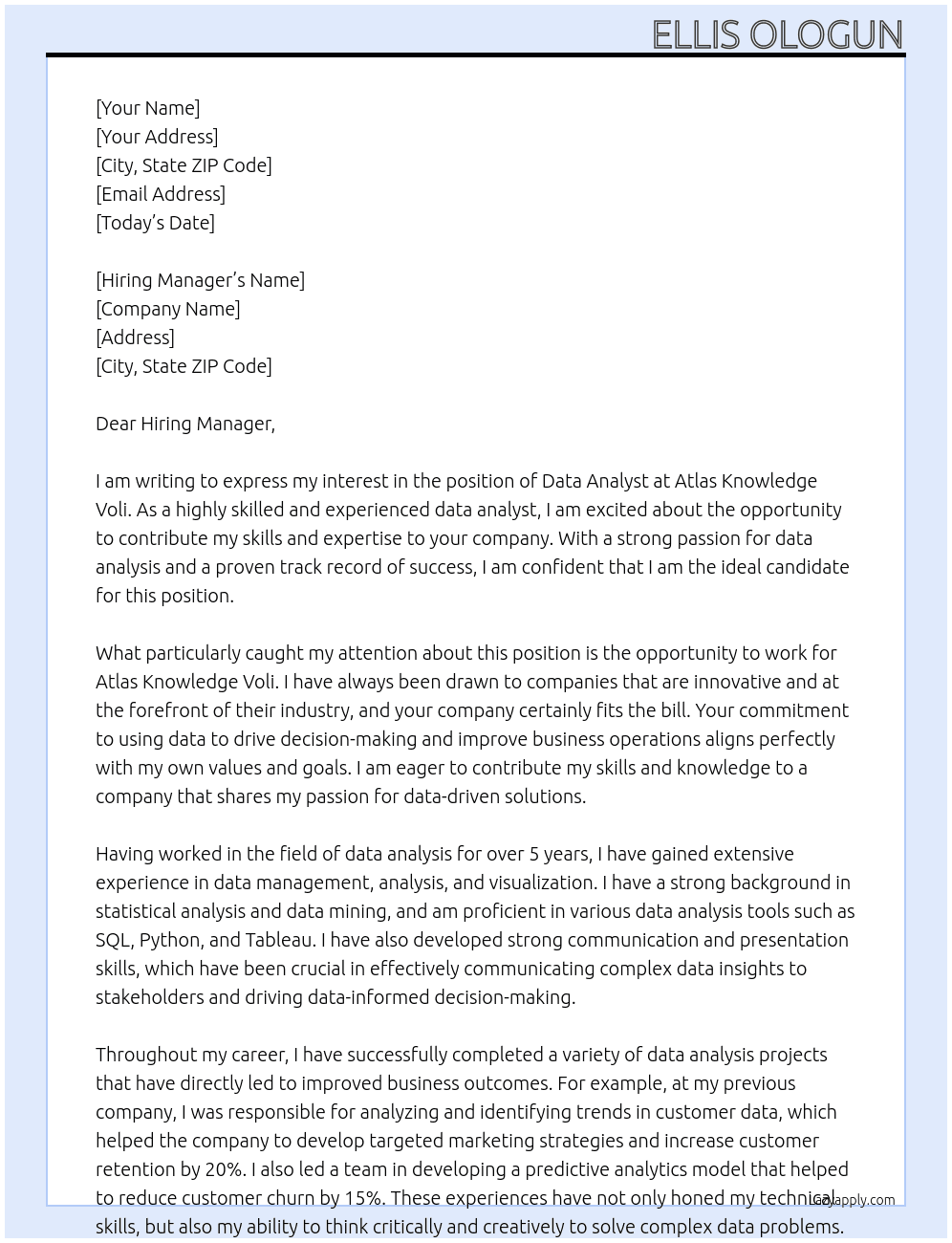 data analyst At Atlas Knowledge Voli Cover Letter