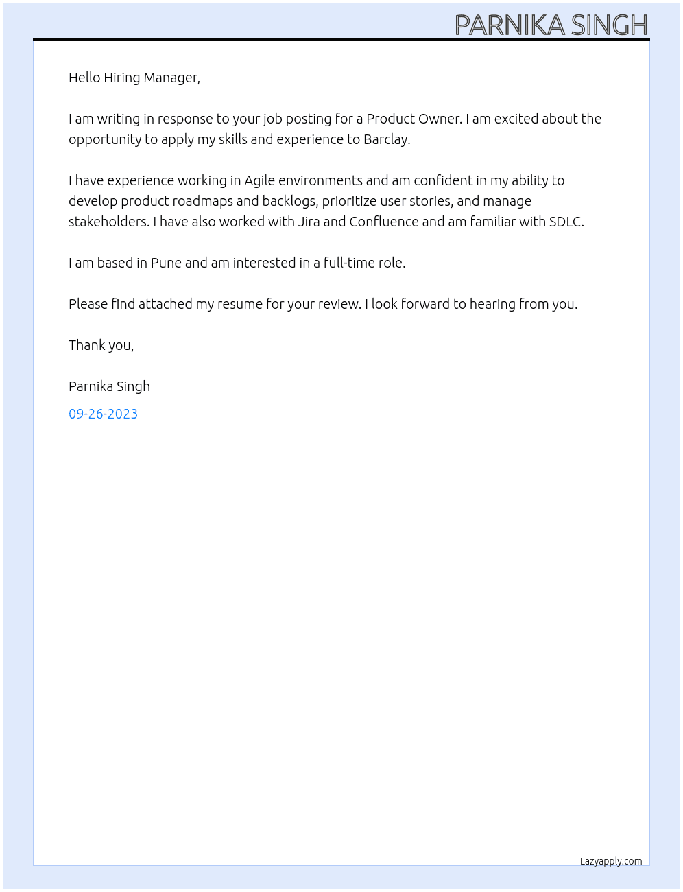 Product Owner At Barclay Cover Letter