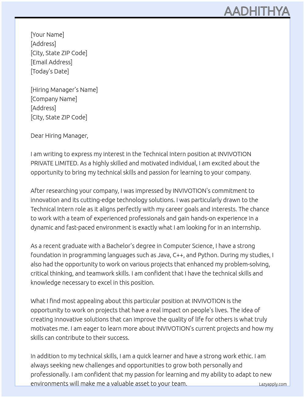 Technical intern At INVIVOTION PRIVATE LIMITED Cover Letter