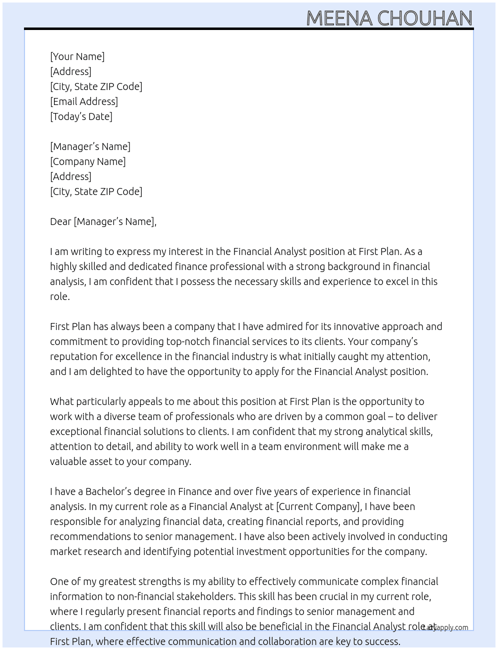 financial analyst At First plan Cover Letter