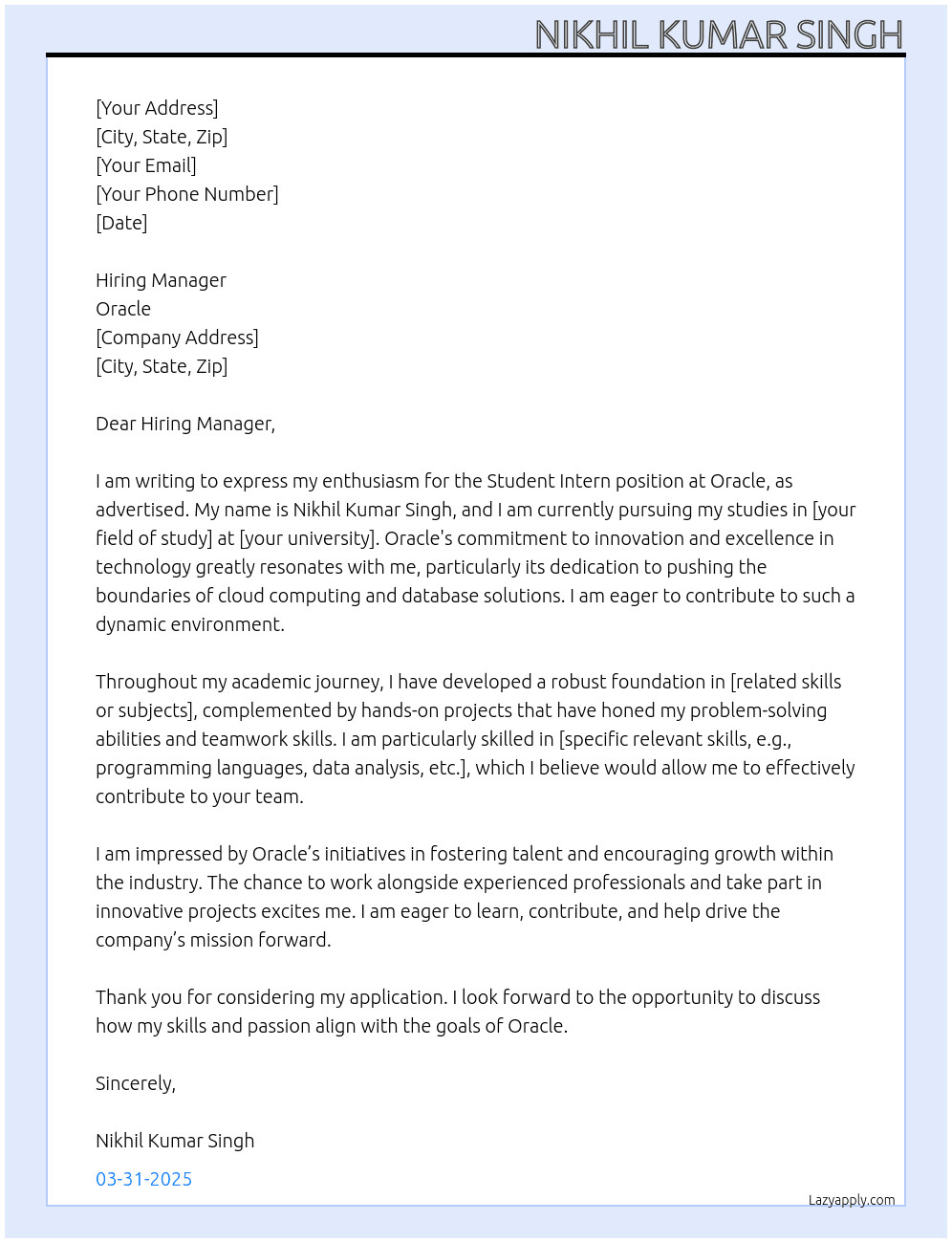 Student Intern At Oracle Cover Letter