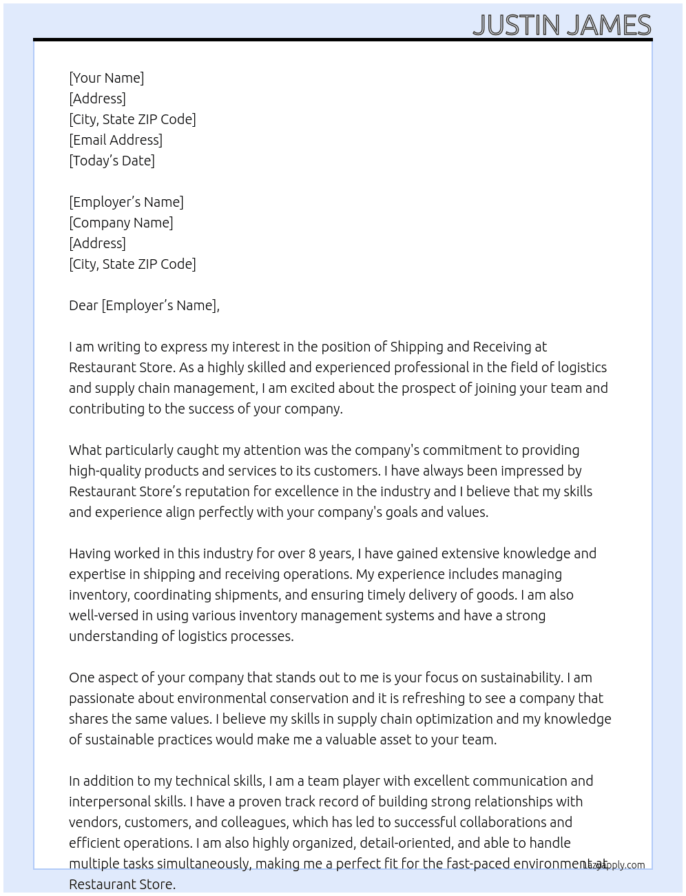 Shipping and receiving  At Restaurant store  Cover Letter