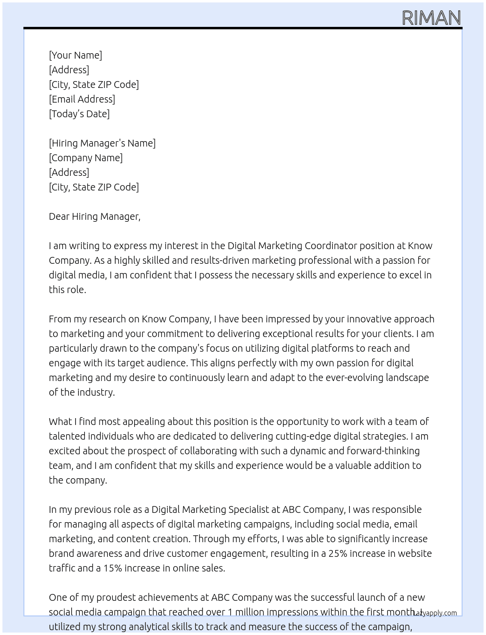 Digital Marketing Coordinator At Know Company Cover Letter