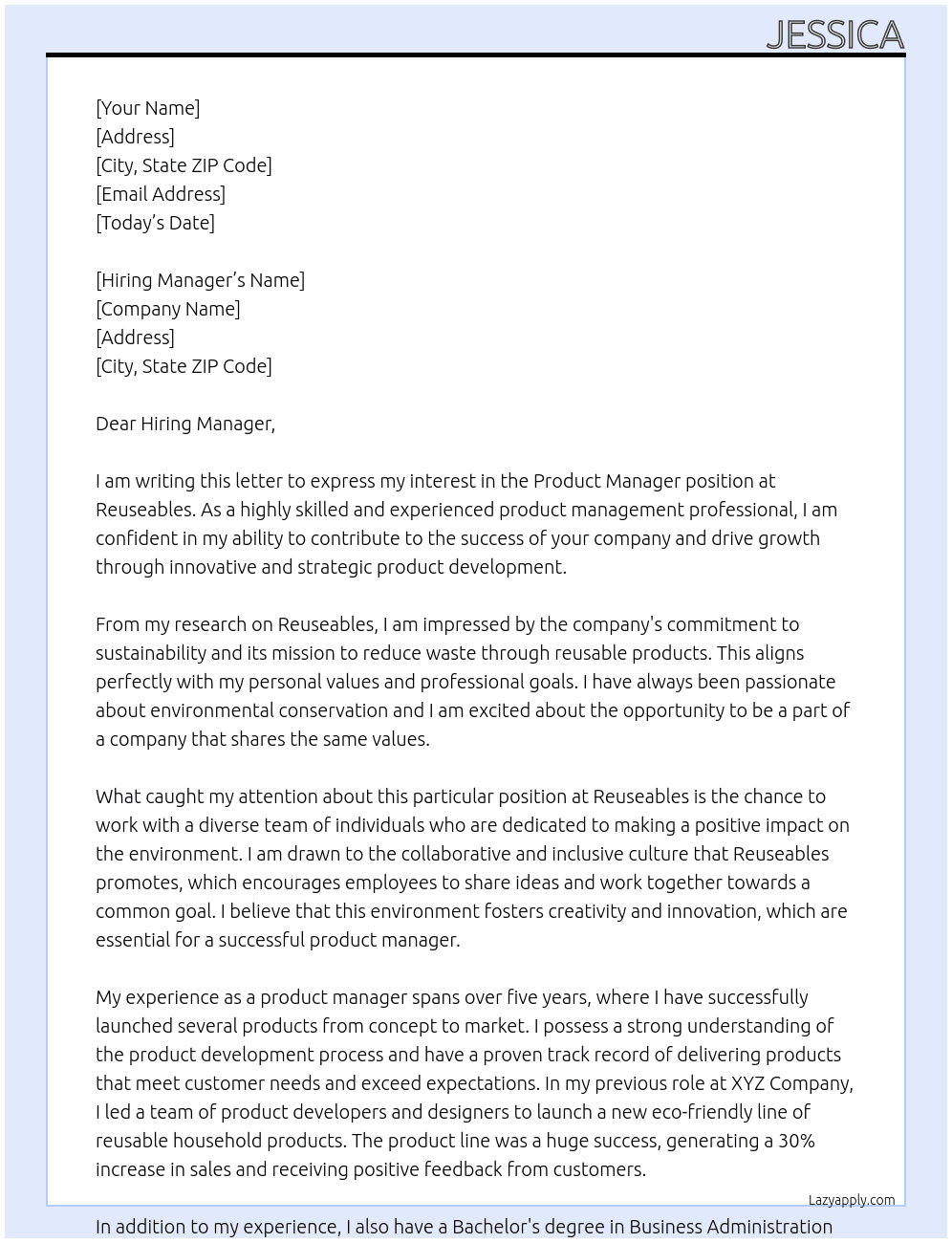 Product Manager At Reuseables Cover Letter
