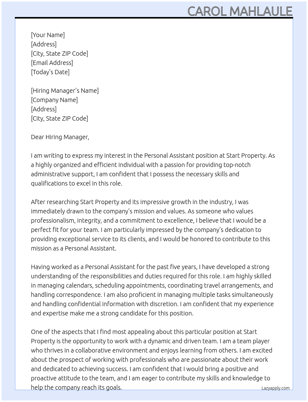 Personal Assistant At Start Property Cover Letter