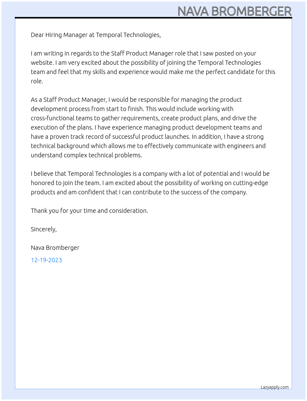 Staff Product Manager At Temporal Technologies Cover Letter