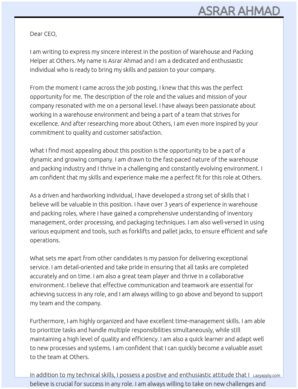 Warehouse and peking helper  At Others  Cover Letter