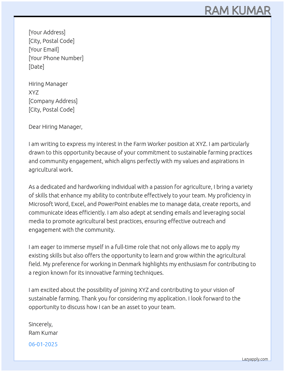 Farm Worker At xyz Cover Letter