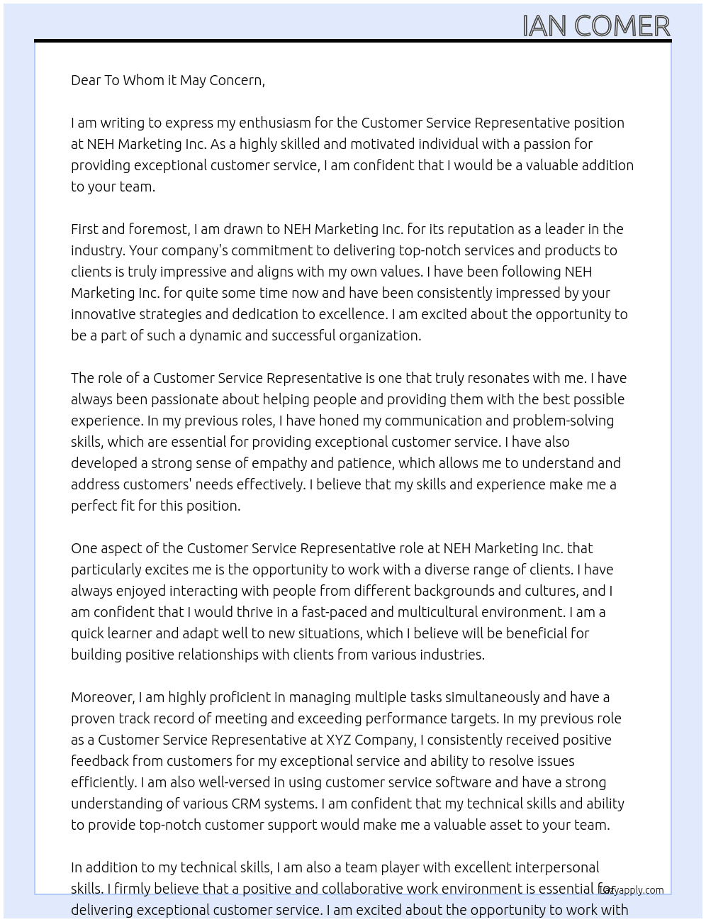 Customer Service Representative At NEH Marketing Inc. Cover Letter