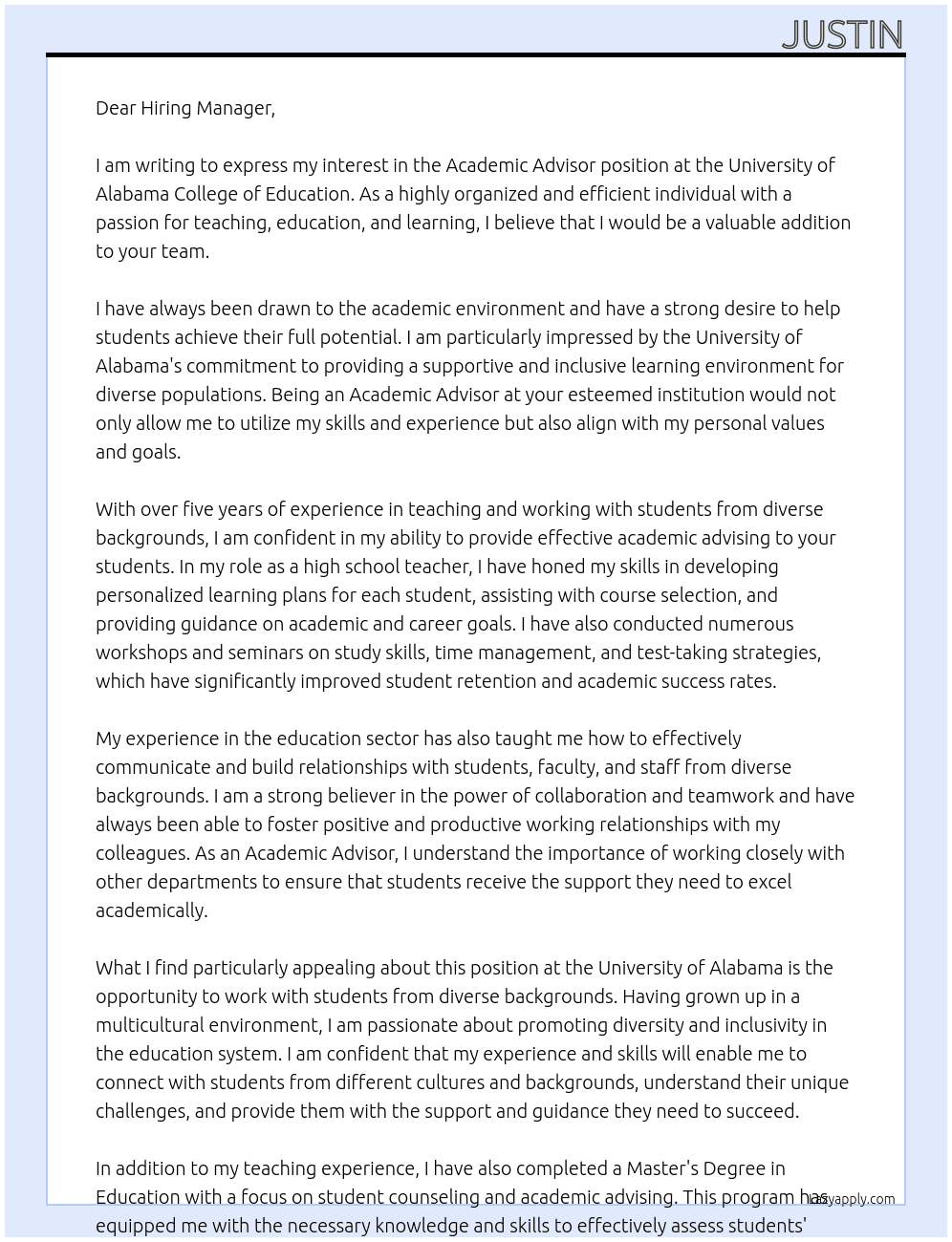 Academic Advisor At University of Alabama College of Education Cover Letter