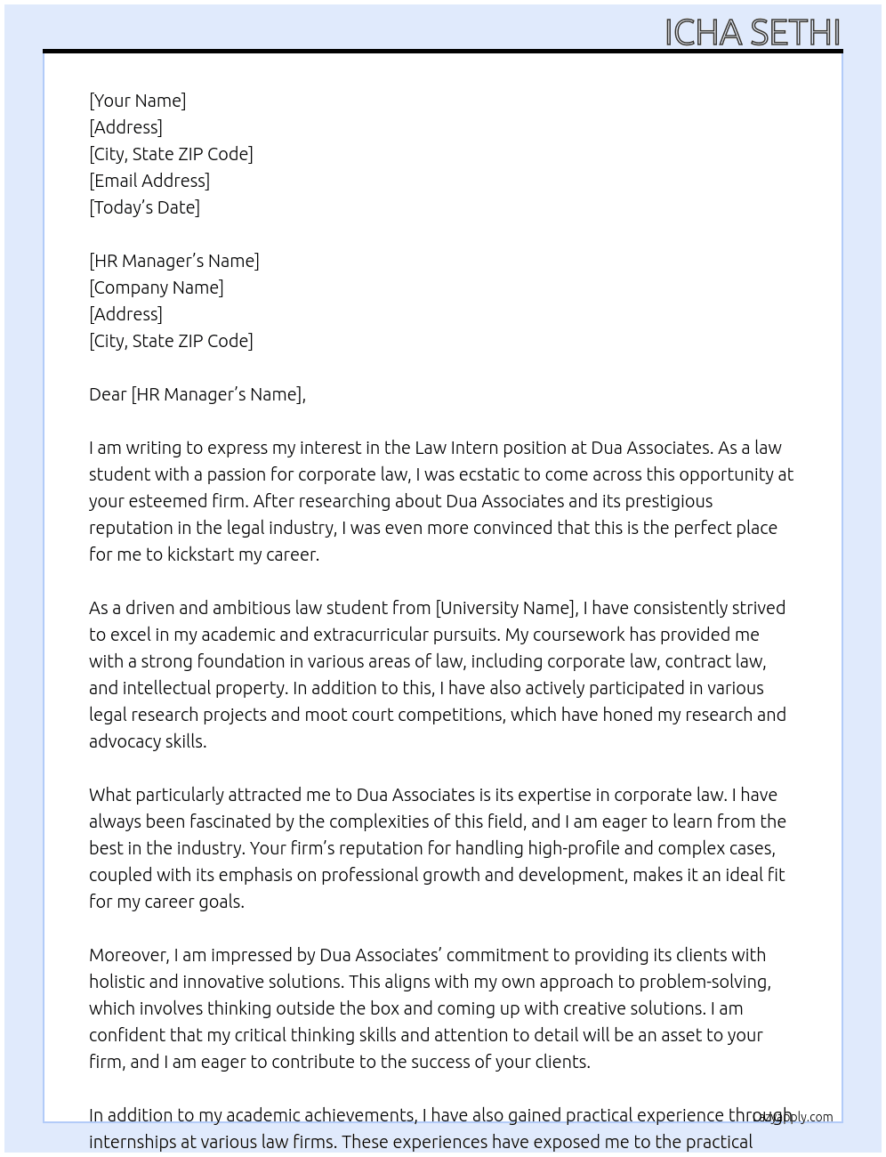 law intern At Dua Associates Cover Letter