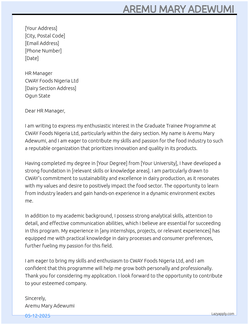 Cover letter for graduate trainee programmme - LazyApply