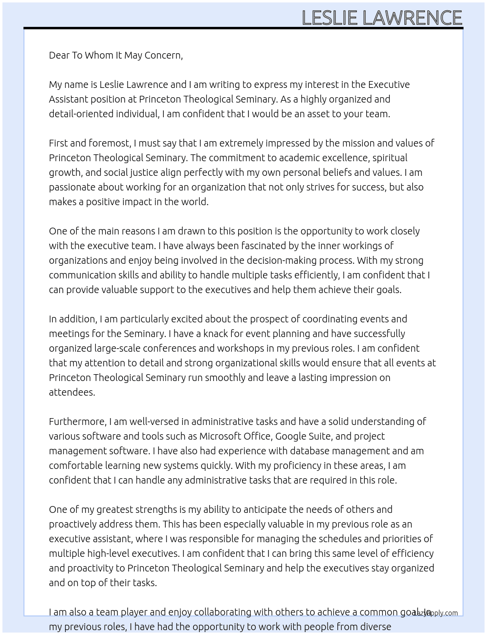 Executive Assistant  At Princeton Theological Seminary Cover Letter