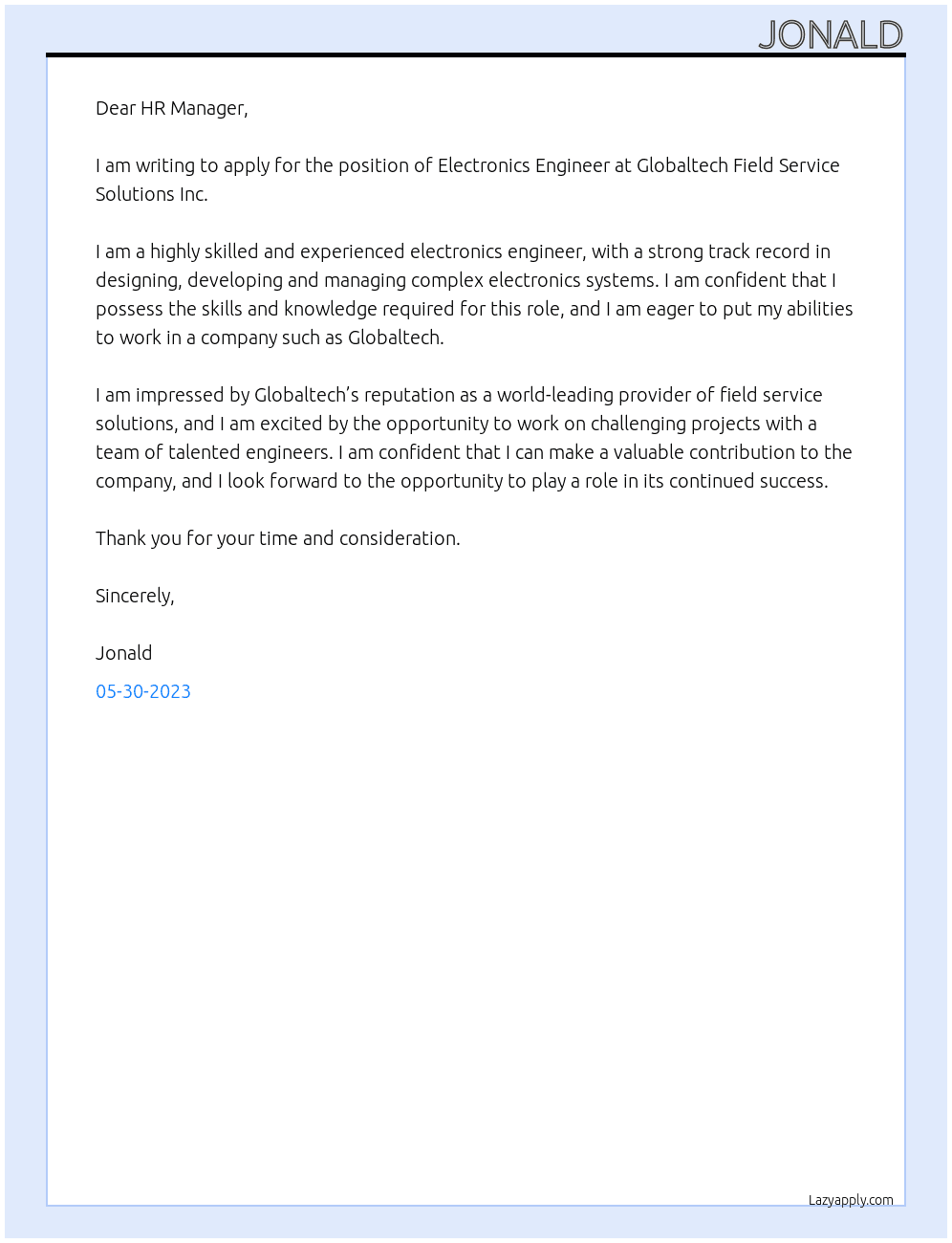 Electronics Engineer At Globaltech Field Service Solutions Inc Cover Letter