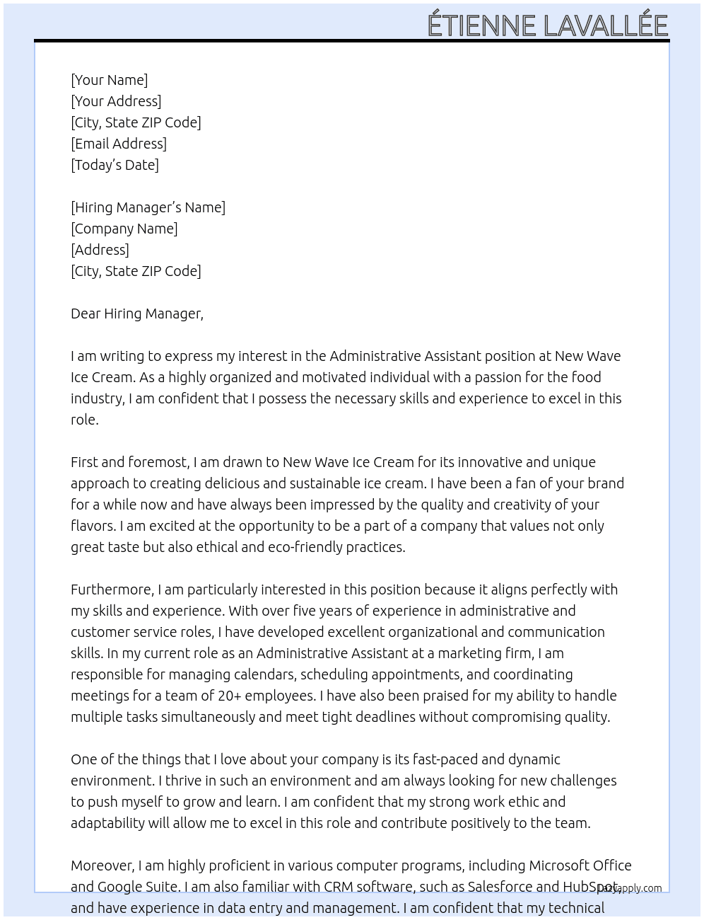 Administrative Assistant At New Wave Ice Cream Cover Letter