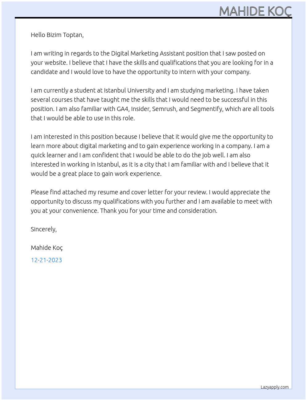 Digital Marketing Assistant At Bizim Toptan Cover Letter